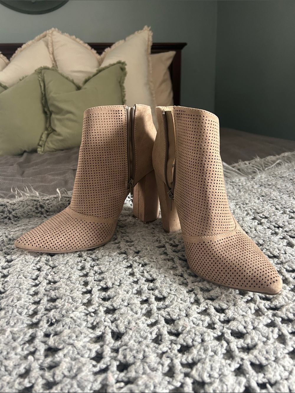 JustFab Perforated Taupe Suede Ankle Booties